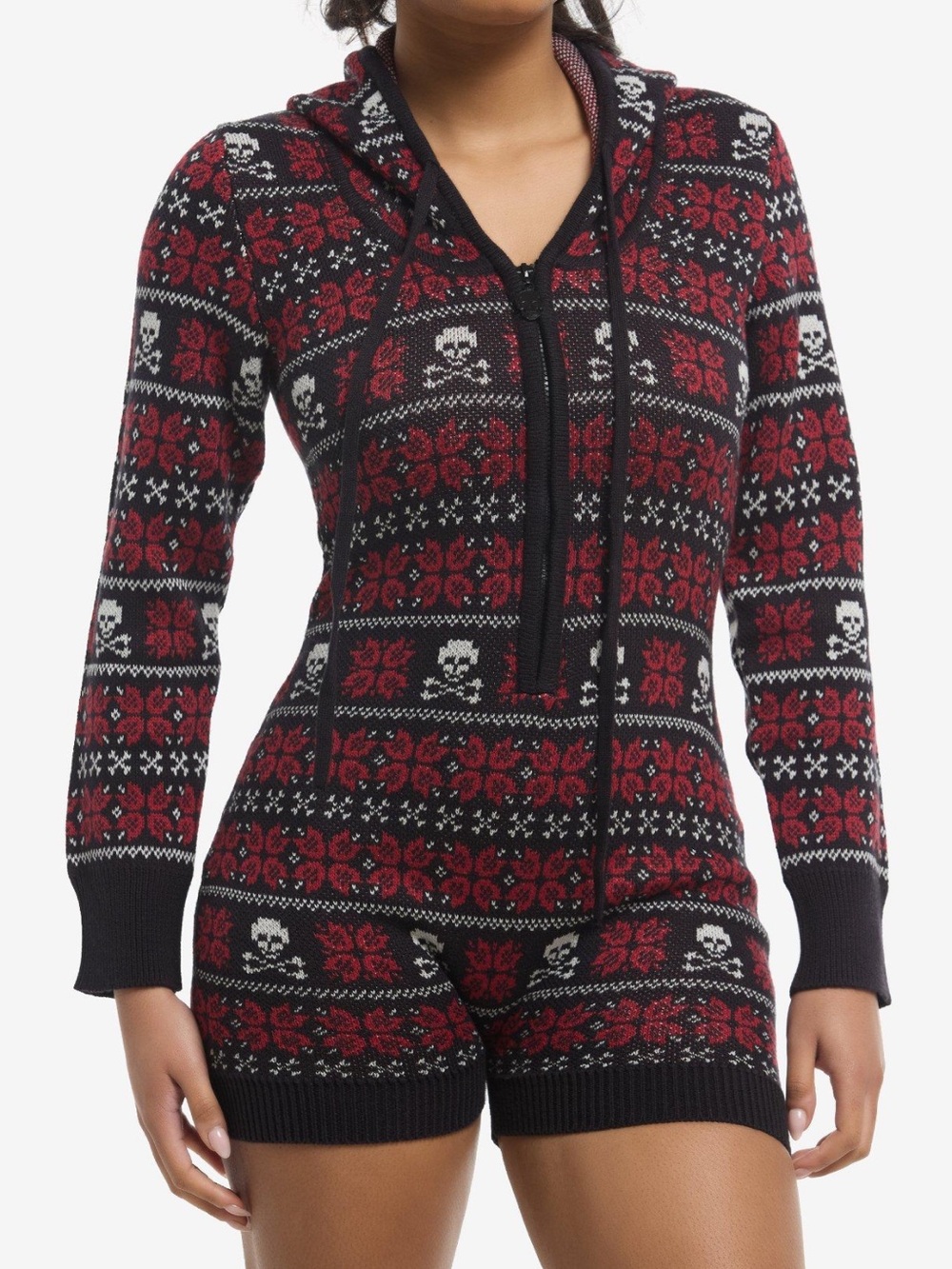Red & Black Skull Fair Isle Hooded Romper XL NWT